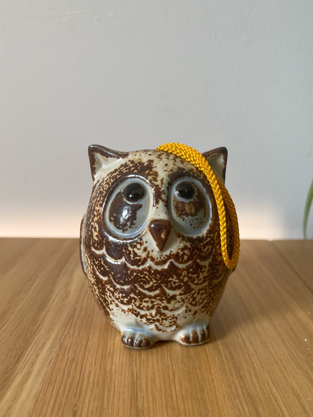 Vintage MCM Pottery Owl Pomander with Yellow Hanging Cord 70s
